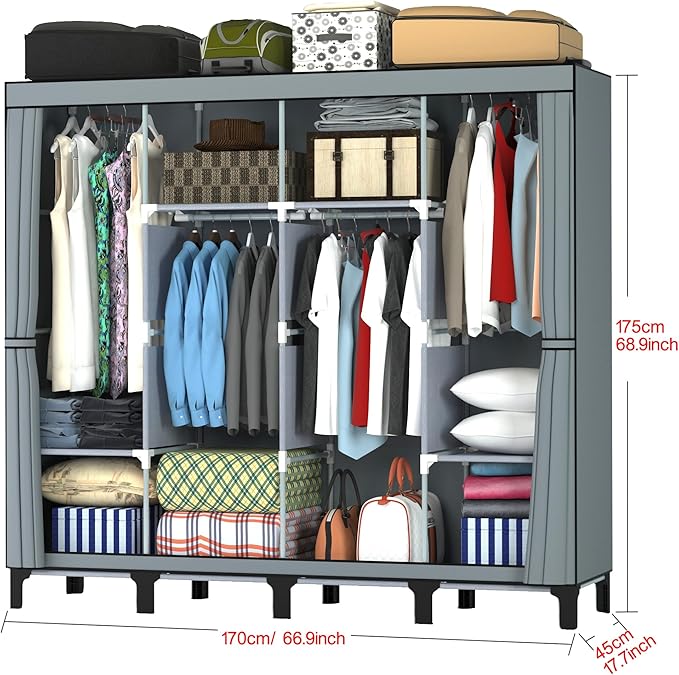 Non-Woven Wardrobe, No Tools Required, Large Capacity, Easy Assembly, Movable, Storage Rack, Waterproof, Dustproof, Stain Resistant, Black, 67.7 x 172 cm (Grey, X-Large)