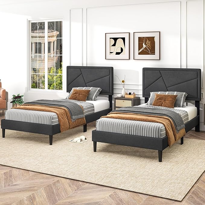 Giantex Twin Bed Frames with Headboard, Modern Upholstered Platform Bed Frame with Geometric Tufting Headboard, Wooden Slats Support, No Box Spring Needed, Gray