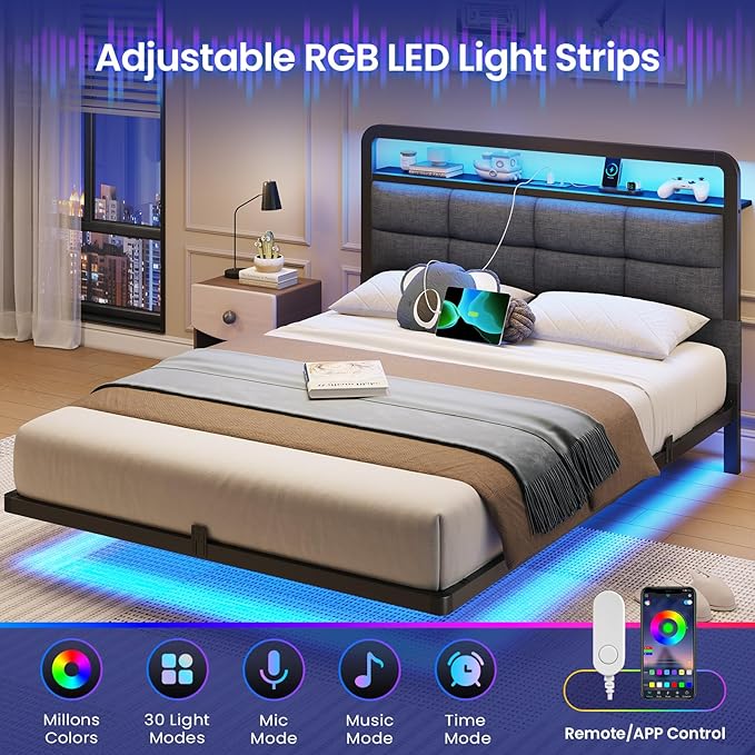 Hasuit Full Floating Bed Frame with Charging Station and LED Lights, Full Size Bed Frame with Wood Storage Headboard, Grey Upholstered Platform Bed, No Box Spring Needed, Noise Free, Easy Assembly