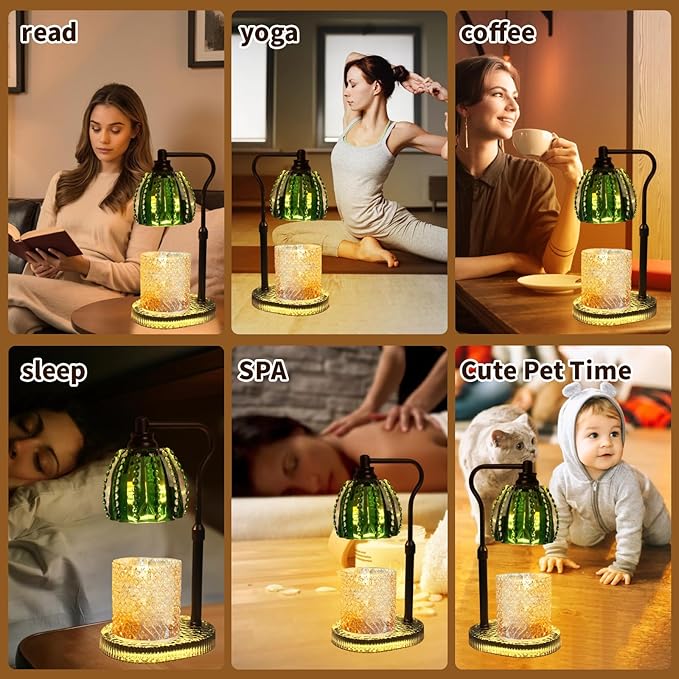 Candle Warmer Lamp with Timer: Adjustable Height and 4 Dimmer, Crystal Glass Base, Heater Wax Warmer for Jar Scented, Home Décor and Housewarming & Birthday Gift for Mom Woman, 2 Bulbs(Jade Green)