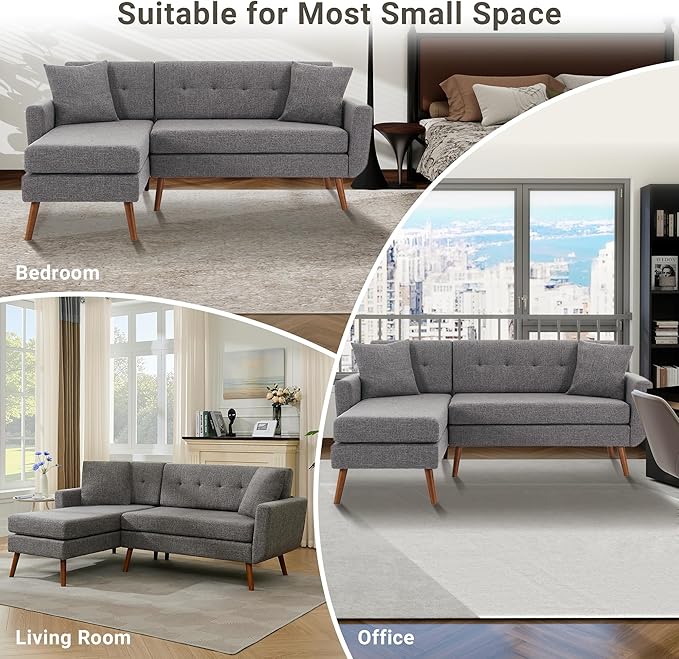 Tbfit L Shaped Couch Sofa, 80" W Mid-Century Modern Sectional Couches, 3 Seater Sofas with Wide Chaise Lounge & Two Pillows,Button Tufted Upholstered Sectional Sofa for Living Room, Bedroom, Gray
