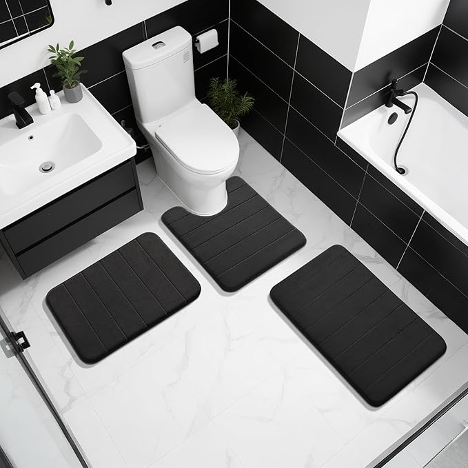 Yimobra Memory Foam Bath Mat, Super Soft Absorbent Bathroom Rug Non Slip 24x17 Inch, Quick Dry, Machine Washable Floor Carpet for Tub Shower, Home Decor Accessories, Black