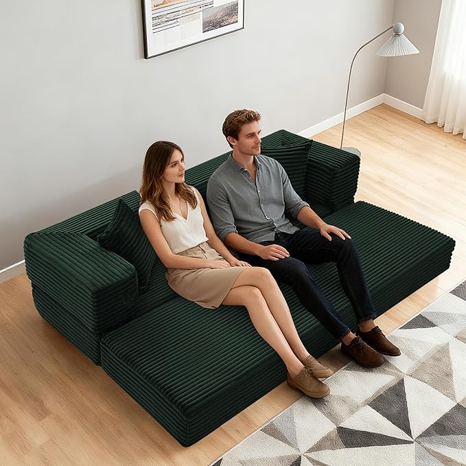 Sectional Boneless Couch Convertible Sofa Bed,78'' Modular Sectional Sleeper Sofa with Removable Armrests & 3 Pillows,Small Floor Couch No Assembly Needed for Living Room, Office, Bedroom,Dark Green