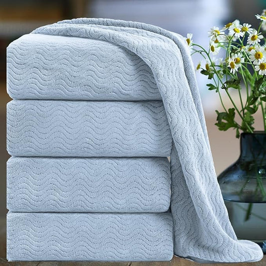 Ultra Soft Bath Towel Set of 4, Blue Extra Large Textured Microfiber Luxury Towels 35x70 in, Quick Dry, Highly Absorbent, Fluffy, Oversized, for Bathroom Shower Pool Hotel Beach