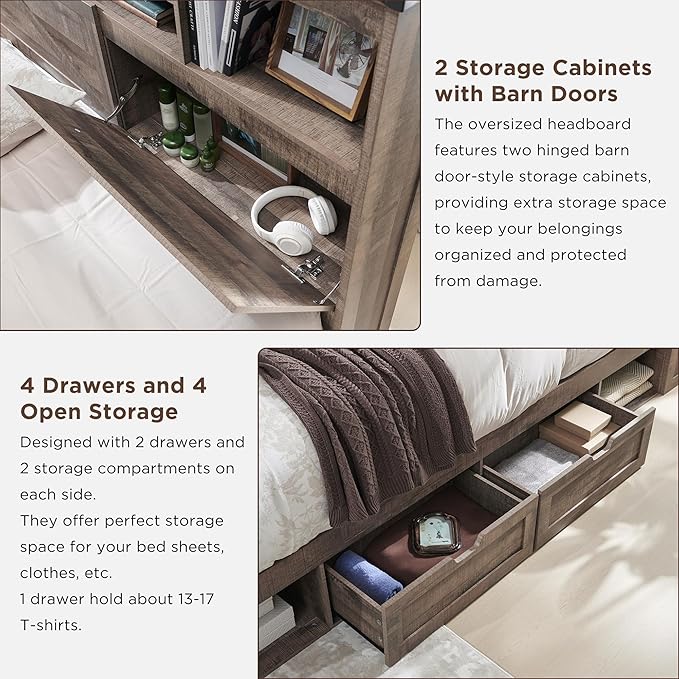 ACCOHOHO Queen Bed Frame Farmhouse with 52" Storage Bookcase Headboard, 4 Drawers Wooden Bed Frame, LED Light, Charging Station - Light Brown