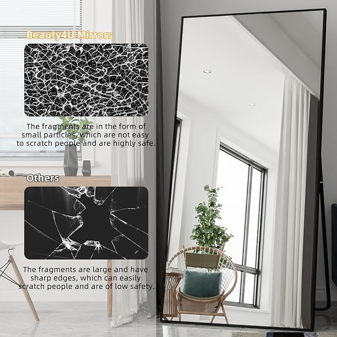 Beauty4U 79" x 39" Large Full Length Mirror with Stand, Metal Frame Black Wall Mounting Full Body Tempered Mirror for Living Room, Bedroom