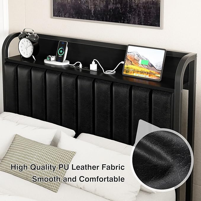 VECELO Twin Bed Frame with Headboard, Upholstered Platform Bedframe, Heavy Duty Metal Slats, No Box Spring Needed, Easy Assembly, PU Black