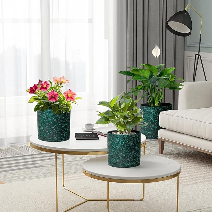 10/8/6 inch Large Deep Plant Pots for Outdoor Indoor Plants, 3 Pack Tall Cylinder Flower Pots, Plastic Planters with Drainage Holes and Saucers for Garden House, Black with Green Speckles