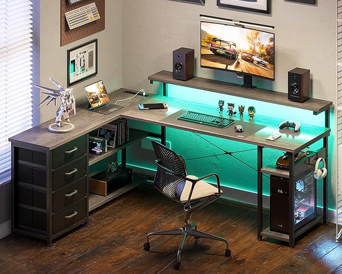 AODK 61" L Shaped Desk with Drawer, Computer Desk with Power Outlets & LED Lights, Reversible Corner Gaming Desks for Home Office Workstation, Office Table with Monitor Shelf, Gray