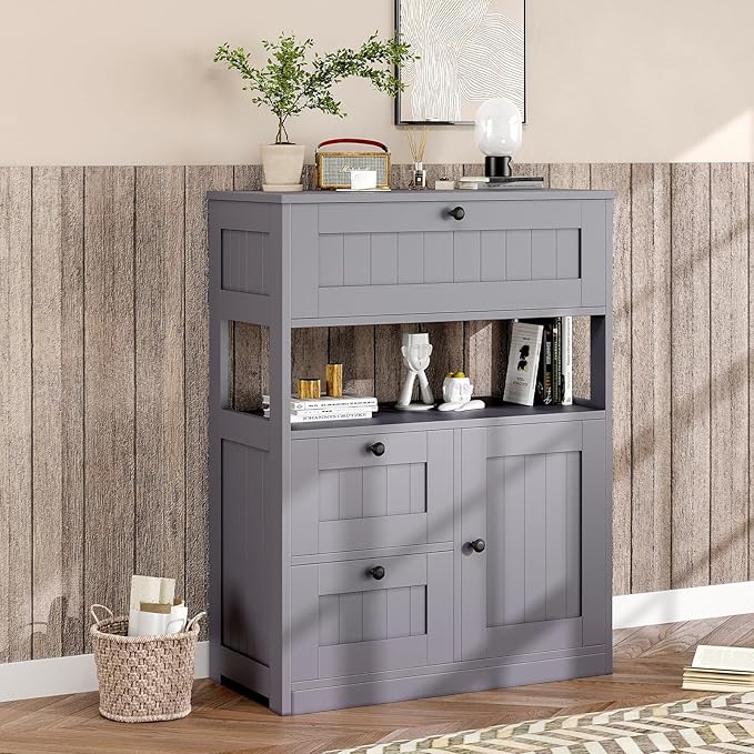 Bathroom Cabinet, Modern Bathroom Floor Storage Cabinet Organizer with 1 Door and 3 Drawers, Freestanding Cupboard for Kitchen/Living Room Use