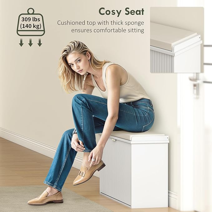 HOMCOM Narrow Shoe Bench with Padded Seat Cushion and Flip-Drawer, Small Entryway Bench Holds up to 265lb, Shoe Cabinet, 31.5x10.2x18.7 Inches, White