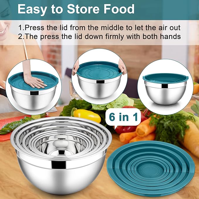 E-far Mixing Bowls with Lids, 12-Piece Stainless Steel Salad Bowls Metal Nesting Bowls for Baking Cooking and Prepping, Airtight Lids & Stackable Design, Size 7, 4.5, 3, 1.5, 1.2, 0.7 QT (Blue)