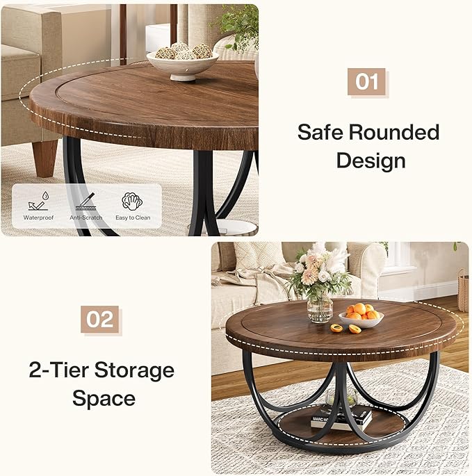 Tribesigns Round Coffee Table with 2 Tiers, 35.4" Wooden Circle Accent Cocktail Table with Storage Shelf and Metal Frame, Industrial Center Tables for Living Room, Brown & Black