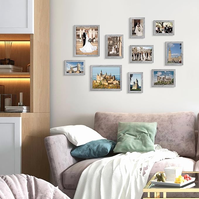 upsimples 10 Pack Picture Frames Collage Wall Decor for Mounting or Tabletop Display, Photo Gallery Frame Set for Family, Multi Sizes Including 8x10, 5x7, 4x6, Gray