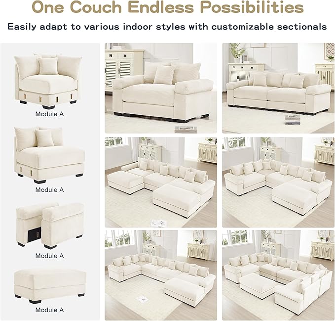 KEIKI 83" Oversized Corduroy Modular Sectional Loveseat Sofa with High-Density Foam Cushions, Extra-Thick Armrest, Upholstered Modern 2-Seater Fluffy Corner Couch with 6 Pillow, for Living Room, Beige