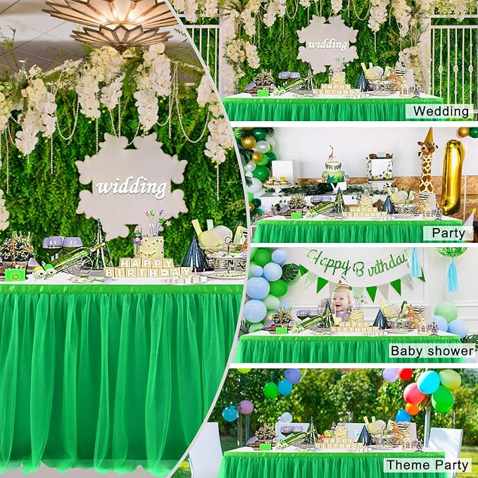 9ft Green Tulle Table Skirts for Rectangle Tables or Round Tables Ruffle Tutu Tablecloth for Birthday Party Baby Shower Jungle Luau Animal Safari Theme Party Table Decorations