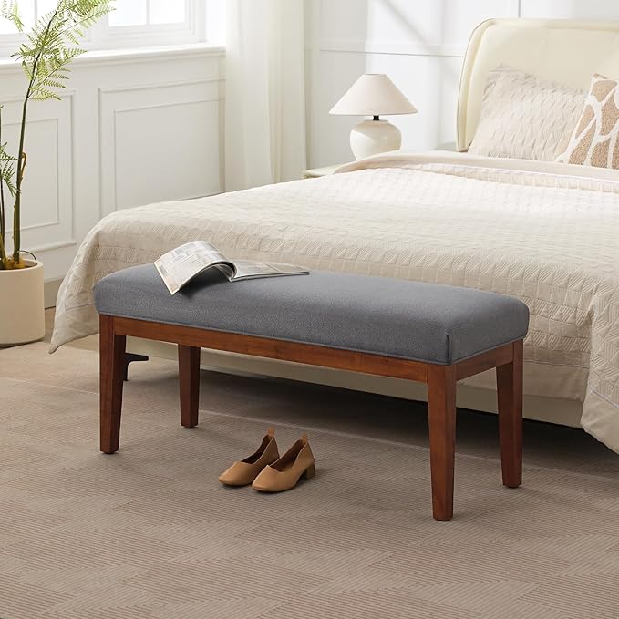 43.5'' Linen Bedroom Bench, Upholstered End of Bed Bench, Padded Vintage Dining Bench, Entryway Bench with Solid Wood Legs, Kitchen, Living Room, Hallway, Dark Grey