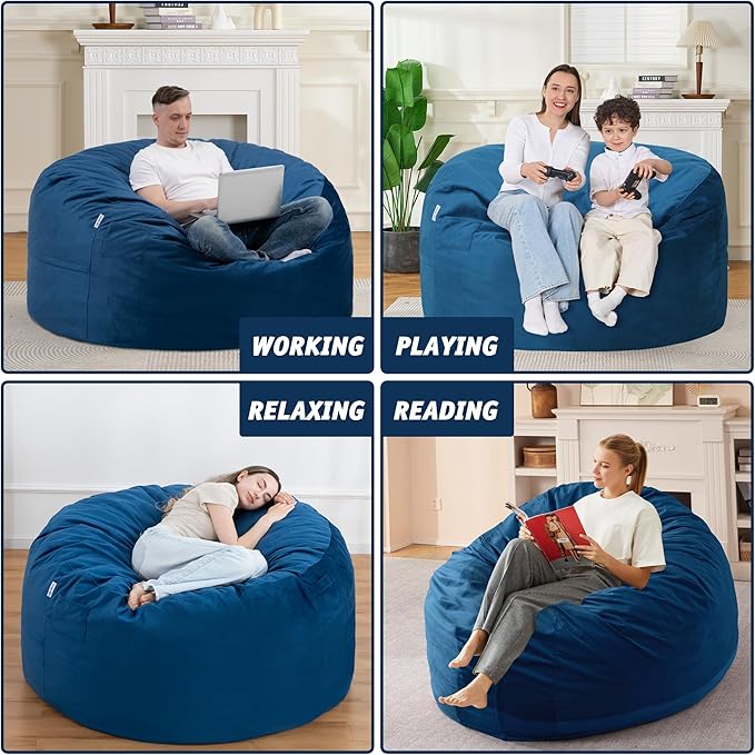 4FT Bean Bag Chair with Ultra Soft Velvet Cover Bean Bag Sofawith Memory Foam Bean Bag Chairs with Large Size Lazy Sofa for Dorm Office Living Room Bedroom Blue 4'