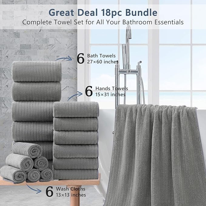 18 Piece Bath Towels Set,Ultra Soft Family Bathroom Towel Set with Hanging Loops-6 Bath Towels,6 Hand Towels,6 Washcloths,Highly Absorbent Quick Dry Shower Towel for Bathroom,Hotel,Spa-Grey Towel Set