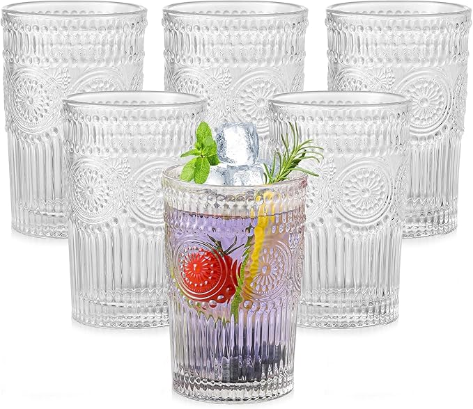 Vintage Glassware Drinking Glasses Set of 6,13 oz Clear Textured Flower Design Glass Water Tumblers,Embossed Striped Drinkware for Water,Cocktails,Juice,Iced Coffee