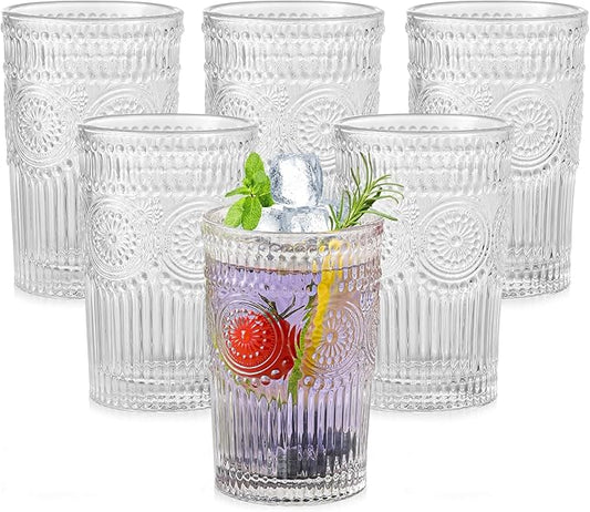 Vintage Glassware Drinking Glasses Set of 6,13 oz Clear Textured Flower Design Glass Water Tumblers,Embossed Striped Drinkware for Water,Cocktails,Juice,Iced Coffee