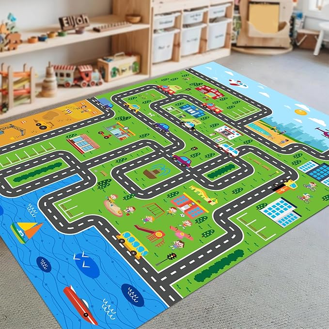 Kids Playmat Car Rug, Kids Play Rugs Town City Road Map Rug, Large Educational Car Mat, Boys Track Play Mat, Kid Rugs for Playroom Bedroom Living Room (Style 1, 59X 39.4 INCH)
