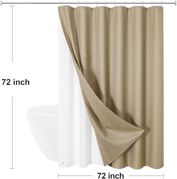 3 in 1 Shower Curtain Set, Beige Waffle Shower Curtain and PEVA Liner Set with 12 Stainless Steel Shower Curtain Hooks, Tan Waterproof Fabric Shower Curtains for Bathroom, 72 W x 72 H