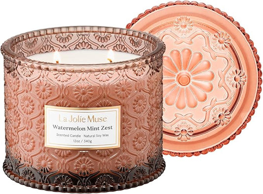 LA JOLIE MUSE Watermelon Mint Zest Scented Candle, Candles for Home Scented, Large 2-Wick Soy Candles, Luxury Jar Candle Gifts for Women & Men, 60 Hours Long Burning, 12oz