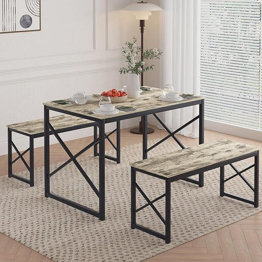 VECELO Kitchen Table with 2 Benches for 4, 43.3'' Wood Dining Room Dinette Sets with Metal Frame for Breakfast Nook and Small Space, Grey