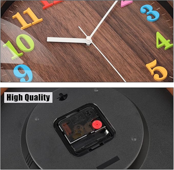 Topkey 12”Silent Round Wall Clock for Children Non-Ticking Colorful Arabic Numerals Easy Read Clock for Living Room, Bedroom,School and Nursery Battery Not Included - Brown