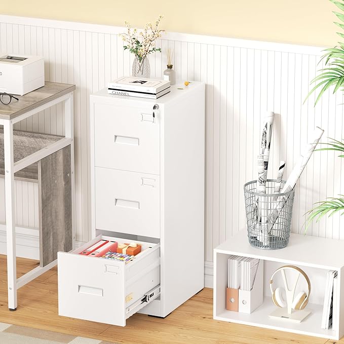 Greenvelly 3 Drawer File Cabinet with Lock, Black Metal Vertical Filing Cabinet for Home Office Fit Legal/Letter/A4/F4 Size with Hanging Bars&Key