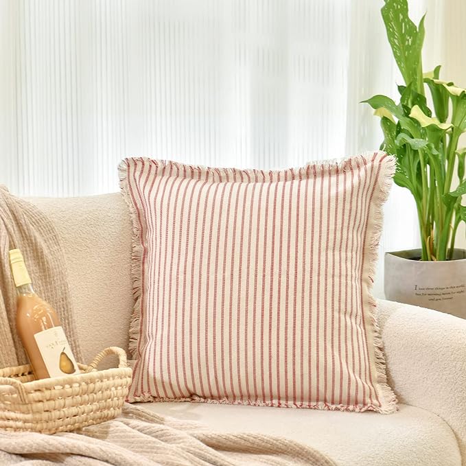 ZWJD Throw Christmas Pillow Covers 26x26 Set of 2 Striped Pillow Covers with Fringe Chic Cotton Decorative Pillows Square Cushion Covers for Sofa Couch Bed Living Room Farmhouse Decor
