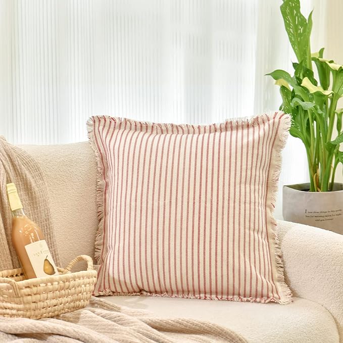 ZWJD Throw Christmas Pillow Covers 16x16 Set of 2 Striped Pillow Covers with Fringe Chic Cotton Decorative Pillows Square Cushion Covers for Sofa Couch Bed Living Room Farmhouse Decor