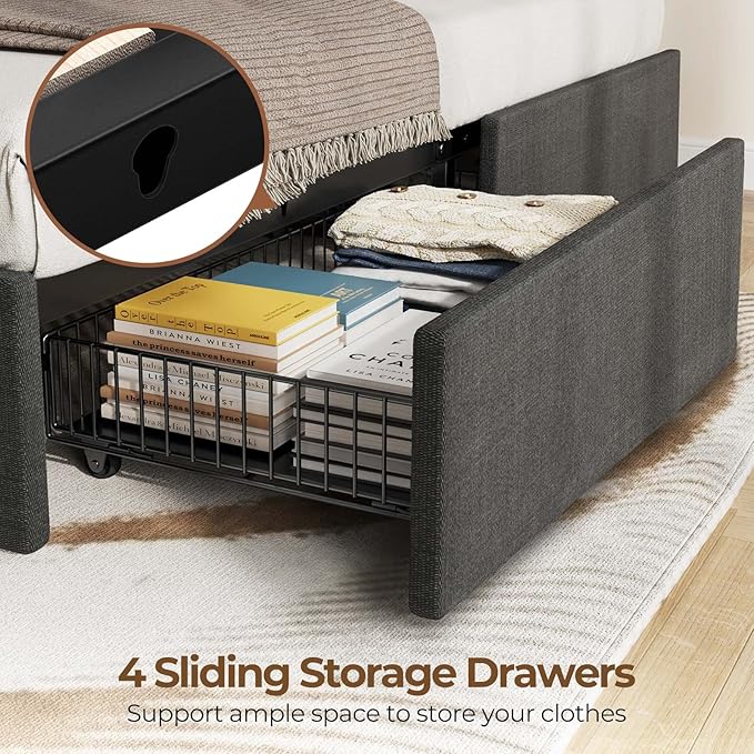 Rolanstar Full Size Bed Frame with Charging Station and LED Lights, Upholstered Bed with Adjustable Headboard and 4 Storage Drawers, No Box Spring Needed, Easy Assembly, Dark Gray