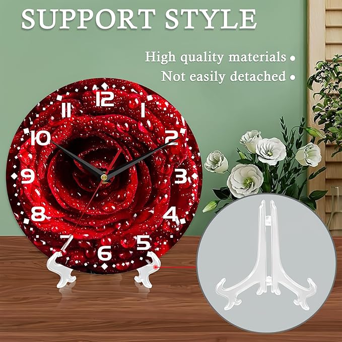 Wall Clock,Red Rose Wooden Wall Clocks Art Silent Non-Ticking Wall Clocks Battery Operated Round Home Arabic Numeral Decorative Wall Clock 10 Inch