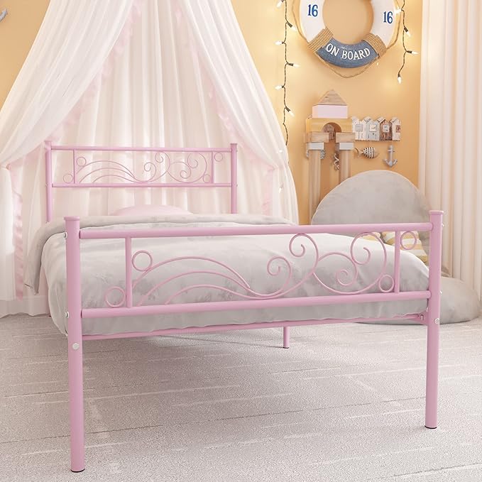 Weehom Metal Bed Frame Twin with Bed Storage,No Box Spring Needed,Heavy Duty Steel Slats Support for Boys Girls Teens Students Adults Pink