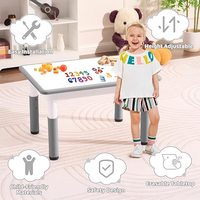 Toddler Table, 7 Level Height Adjustable Kids Play Furniture for Ages 3-8, Rectangular Plastic, 23.6" W x31.5 L, Multi-Activity Desk with Graffiti Desktop for Home & Daycare