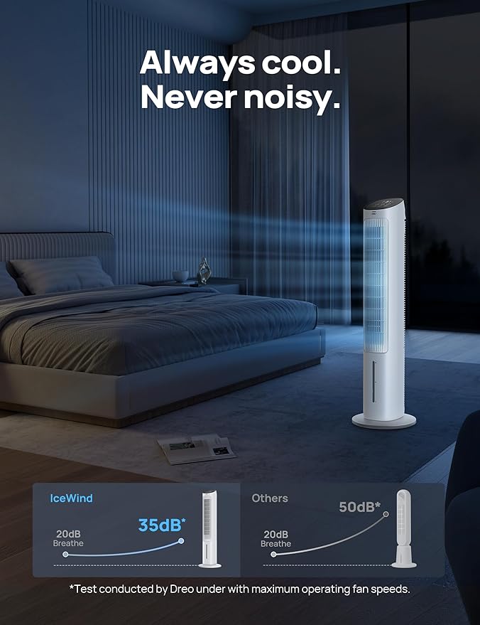 Dreo Evaporative Air Cooler, 40” Standing Fans that Blow Cold Air, 80° Oscillating Bladeless Cooling Fan for Bedroom, Swamp Cooler, Removable Water Tank, Ice Pack, Remote, 3 Mode 4-Speed, White