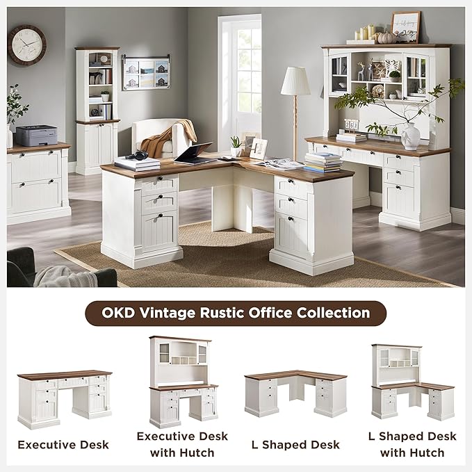 OKD 60" Executive Desk with Drawers, Farmhouse Home Office Desk with Charging Station, Keyboard Tray, File Cabinet Storage, Wood Computer Desk for Work and Study, Antique White