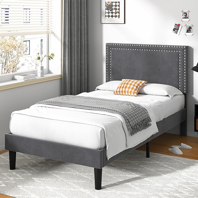 VECELO Twin Size Platform Bed Frame with Adjustable Upholstered Headboard, Strong Wood Slat Support, No Box Spring Needed, Easy Assembly