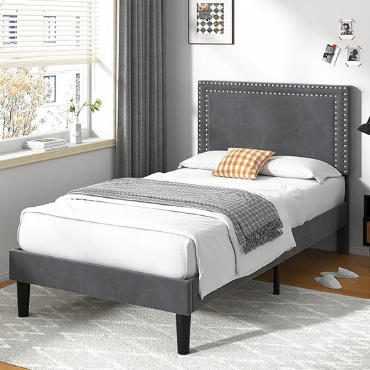 VECELO Twin Size Platform Bed Frame with Adjustable Upholstered Headboard, Strong Wood Slat Support, No Box Spring Needed, Easy Assembly