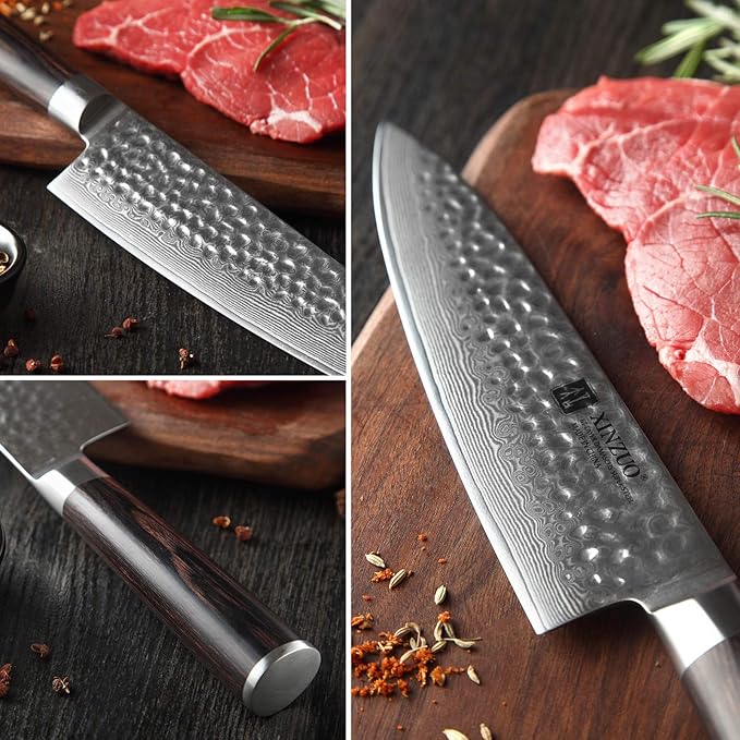XINZUO 8 Inch Hammered Damascus Chef Knife,67 Layers Damascus Steel Kitchen Knife,Professional Japenese Chef Knife with Gift Box, Dark Brown Pakkawood Handle, Razor Sharp-He Series