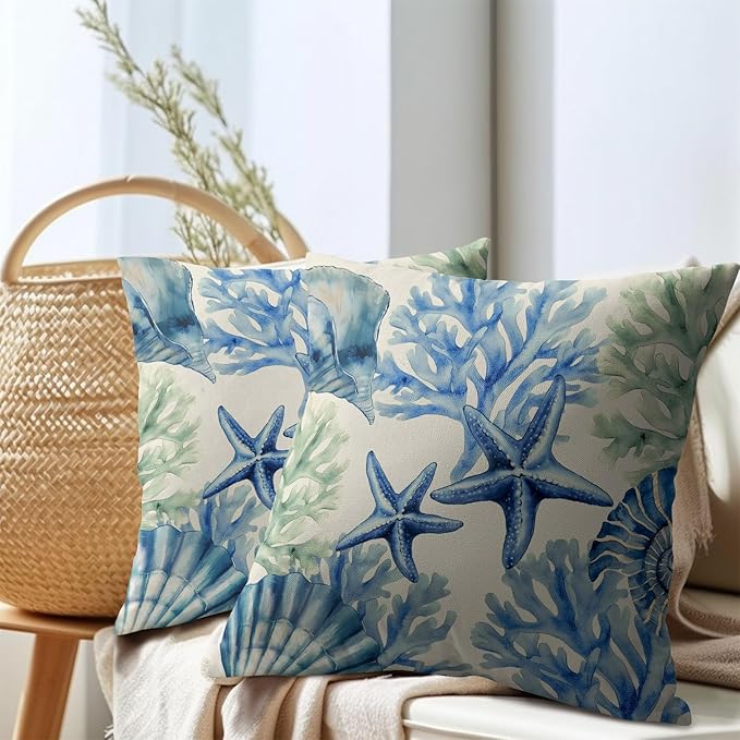 Kawani Beach Theme Pillow Covers 22x22 Inch Coastal Starfish Coral Outdoor Throw Pillows Set of 2 Summer Ocean Nautical Pillowcases Rustic Cushion Covers for Couch Home Decor