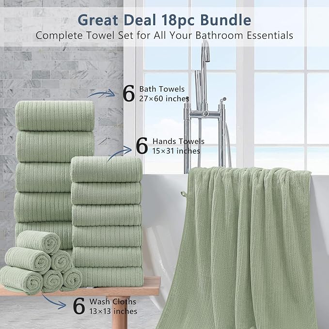18 Piece Bath Towels Set,Super Soft Family Bathroom Towel Set with Hanging Loops-6 Bath Towels,6 Hand Towels,6 Washcloths,Highly Absorbent Quick Dry Shower Towel for Bathroom,Hotel,Spa-Green Towel Set