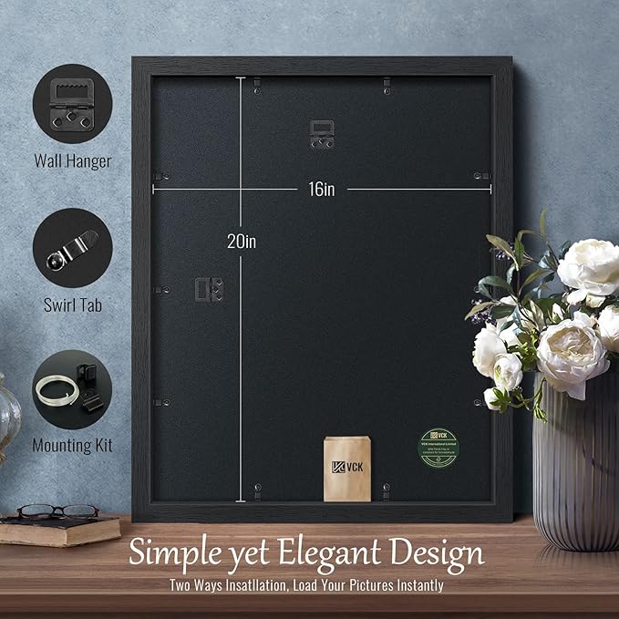 VCK 16x20 Poster Frame 4 Pack, Black Solid Wood Picture Frames with Exclusive Woodgrain, Wall Gallery Frame