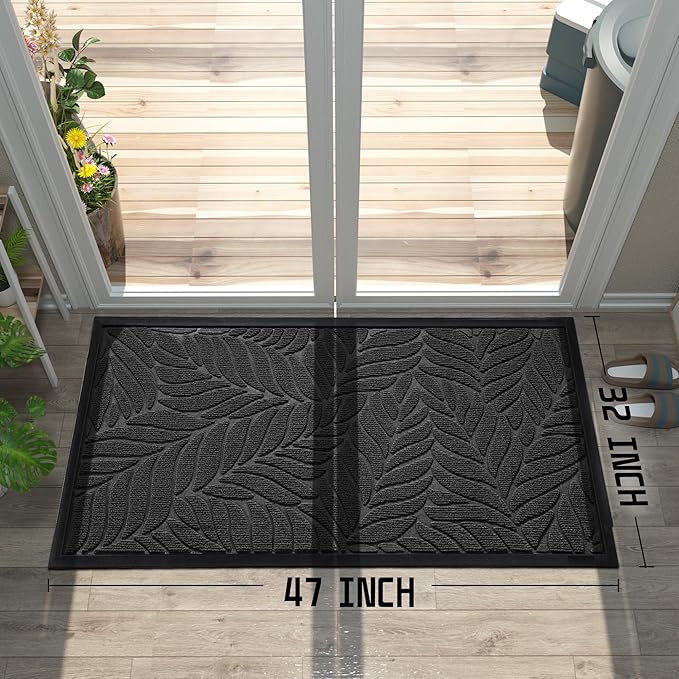 Yimobra Front Door Mat Outdoor Indoor, 47x32 All-Season Waterproof Welcome Mat, All-Weather Outside Entrance Mat, Non-Slip Patio Porch Doormat, Low Profile, Fade Resistant, Black