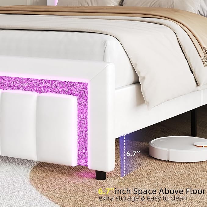 HOMBCK Full Size Bed Frame with LED Lights and Velvet Upholstered Headboard, Bed Frame Full with Modern Diamond Headboard Adjustable, Wooden Slats Support, Noise Free, No Box Spring Needed, White