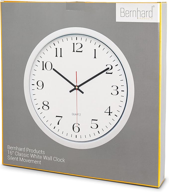 Bernhard Products White Wall Clock, Silent Non Ticking - 16 Inch Extra Large Quality Quartz Battery Operated Round Easy to Read Home/Office/Business/Kitchen/Classroom/School Clocks, Black Numbers
