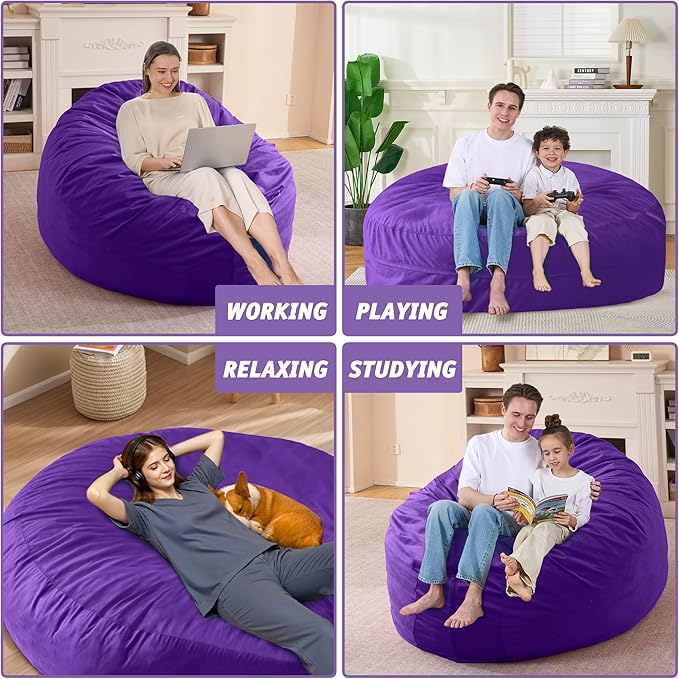 7FT Bean Bag Chair with Ultra Soft Velvet Cover Bean Bag Sofar with Memory Foam Bean Bag Chairs with Large Size Lazy Sofa for Dorm Office Living Room Bedroom Purple 7'