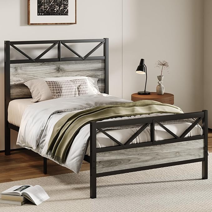 Twin Bed Frames, Bed Frame Twin Size with 51.2" Tall Industrial Headboard, Twin Platform Bed Frame with Heavy Duty Steel Slats Support, Noise Free, No Box Spring Needed, Easy Assembly, Rustic Brown